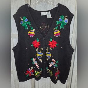 Vintage Bobbie Brooks Womens Christmas Sweater Vest Size 22/24 Embroidered Black
